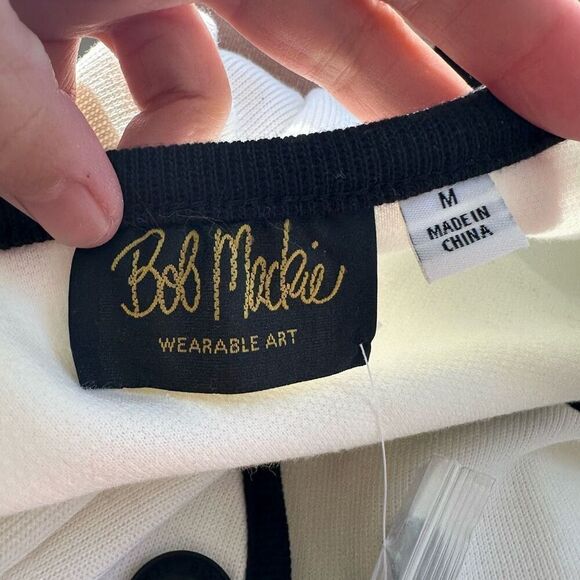 Bob Mackie White Knit Button Down Cardigan Black Wavy Trim Wearable Art M NEW - Picture 7 of 10